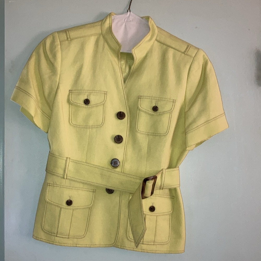 Vintage Tahari Light Yellow/Green Short Sleeve Belted Jacket